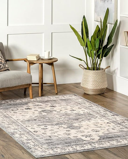 nuLOOM 4x6 Machine Washable Rain Haven Vintage Medallion Area Rug, Light Grey, Traditional Faded Design, Non-Slip Backing, Stain Resistant, For Bedroom, Dining Room, Living Room, Kitchen - LeafyLoom