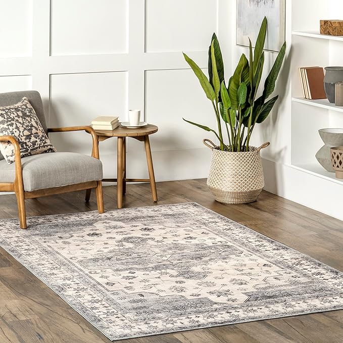 nuLOOM 4x6 Machine Washable Rain Haven Vintage Medallion Area Rug, Light Grey, Traditional Faded Design, Non-Slip Backing, Stain Resistant, For Bedroom, Dining Room, Living Room, Kitchen - LeafyLoom