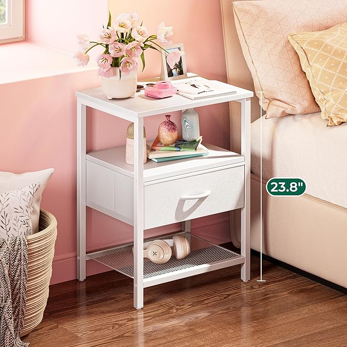 Nightstand Set of 2, Night Stand with Fabric Drawer, Mesh Shelf, Side Table with Storage, Fabric Drawer Dresser, Open Shelf, Metal Frame, Bedroom, White - LeafyLoom