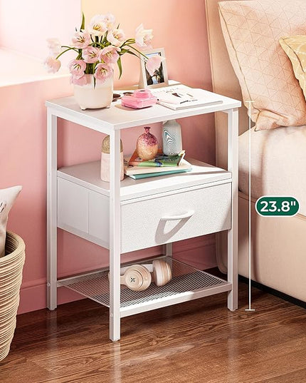 Night Stand with Fabric Drawer, Side Table with Mesh Shelf, Bedroom Nightstand, Fabric Drawer Dresser, Open Shelf, Metal Frame, Couch Side, White - LeafyLoom