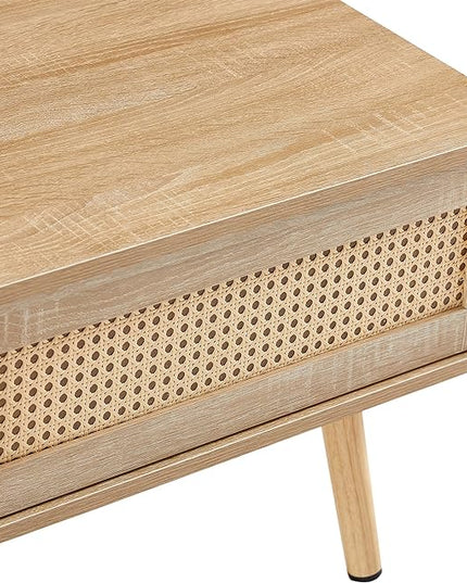 41.34" Morden Rattan Coffee table with Sliding Door for Storage, Modern Rectangular Solid Wood Coffee Table for Living Room - LeafyLoom