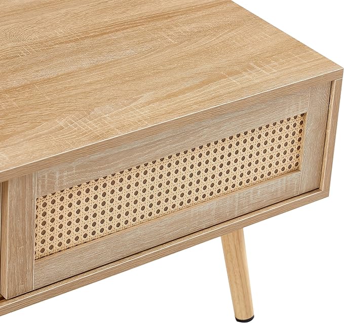 41.34" Morden Rattan Coffee table with Sliding Door for Storage, Modern Rectangular Solid Wood Coffee Table for Living Room - LeafyLoom