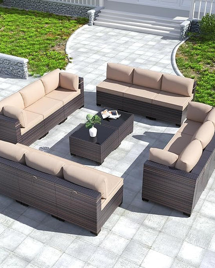 Kullavik 14PCS Outdoor Patio Furniture Set PE Wicker Rattan Sectional Sofa Patio Conversation Sets,Sand - LeafyLoom