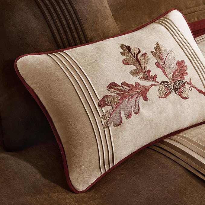 Madison Park Cozy Comforter Set Casual Design All Season, Matching Bed Skirt, Decorative Pillows, King (104 in x 92 in), Jackson Blocks Red/Brown, 7 Piece - LeafyLoom