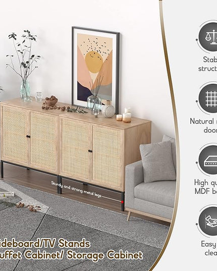 XIAO WEI Sideboard with Handmade Natural Rattan Woven Doors, Rattan Cabinet Console Table Storage Cabinet Buffet Cabinet, for Kitchen, Living Room, Hallway, Entryway-2 Pieces(Natural) - LeafyLoom