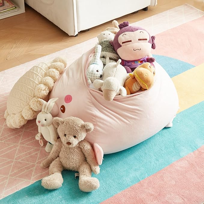 Stuffed Animal Storage Bean Bag Chair Cover for Kids Pink Pig Plush Bean Bag Chair for Girls Large Size Toy Organizer Cover Only Without Filling - LeafyLoom