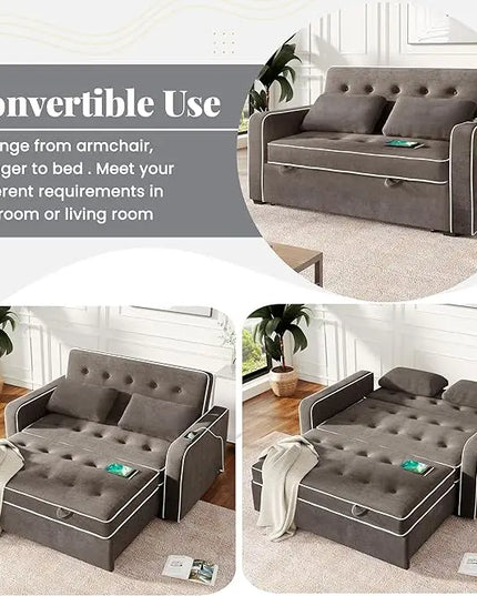 3 in 1 Multi-Functional Pull Out Sofa Bed , Linen Upholstered Convertible Sleeper Loveseat Couch Guest Daybed with Adjustable Backrest and Dual USB Charging Port for Living Room Office RV Furniture - LeafyLoom