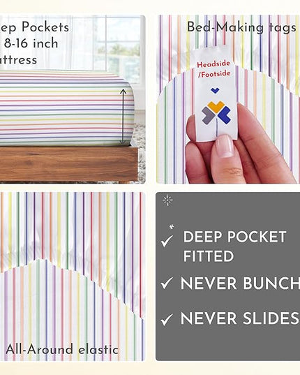 California Design Den Rainbow Stripe Full Sheet Set, 4 Piece 100% Cotton Sheets Deep Pocket, Luxury 400 Thread Count Sateen (Rainbow Striped Sheets) - LeafyLoom