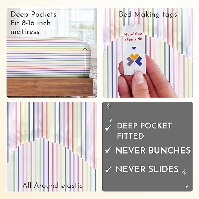 California Design Den Rainbow Stripe Full Sheet Set, 4 Piece 100% Cotton Sheets Deep Pocket, Luxury 400 Thread Count Sateen (Rainbow Striped Sheets) - LeafyLoom