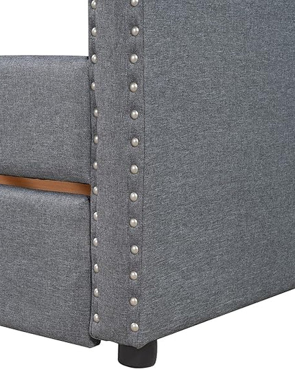 Twin Size Upholstered Daybed with Two Storage Drawers, Tufted Sofa Bed w/Nailhead Trim and Wood Slat Support, for Bedroom, Living Room, Guest Room, Gray - LeafyLoom