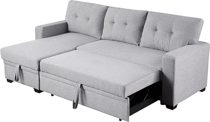 L Shaped Convertible Sofa, 82 Inch Sectional Couch Chaise, Linen Reversible Upholstered Pull Out Bed with Storage Space for Living Room, Apartment and Office, 82inch, Light Gray-2 - LeafyLoom