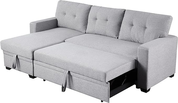 L Shaped Convertible Sofa, 82 Inch Sectional Couch Chaise, Linen Reversible Upholstered Pull Out Bed with Storage Space for Living Room, Apartment and Office, 82inch, Light Gray-2 - LeafyLoom