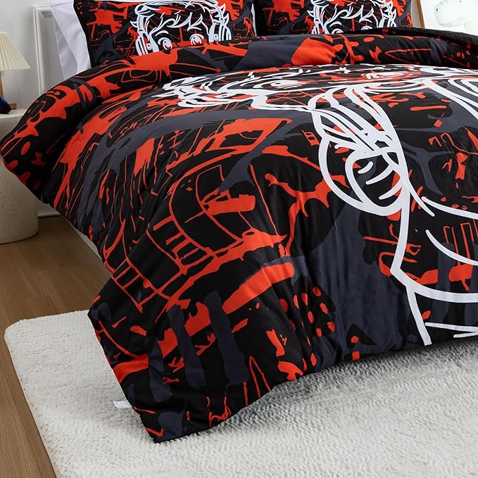 Btargot Colorful Camouflage Graffiti Style Comforter Set, 3 Piece Headphone Hip Hop Boy Line Pattern Bedding Set for Kids Boys Grils Teen, Twin Red - LeafyLoom