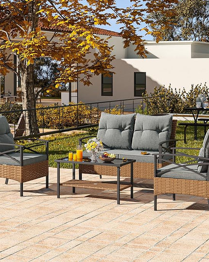 YITAHOME 4-Piece Patio Furniture Wicker Outdoor Bistro Set, All-Weather Rattan Conversation Loveseat Chairs for Backyard, Balcony and Deck with Soft Cushions and Metal Table (Light Brown+Gray) - LeafyLoom
