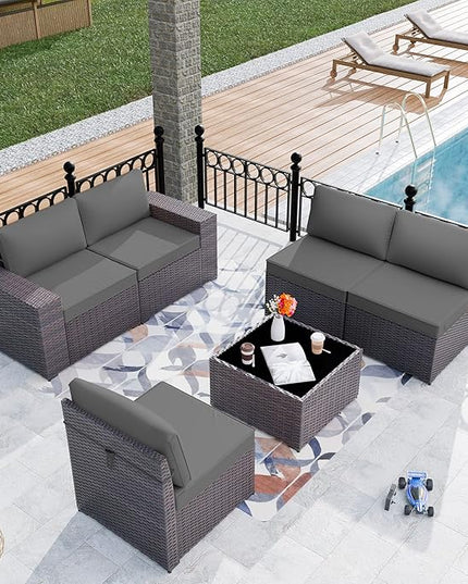 Patio Furniture Set Sofa 6-Piece Wicker PE Rattan Sectional Sofa Set, Outdoor Furniture Patio Conversation Set with Glass Coffee Table, Grey - LeafyLoom