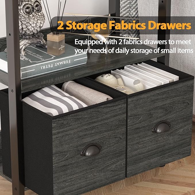 Furologee 5-Tier Bookshelf, Tall Bookcase with 2 Storage Drawers, Industrial Display Standing Shelf Units, Wood and Metal Storage Shelf for Living Room, Bedroom, Home Office, Black Oak - LeafyLoom