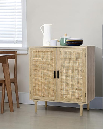 Finnhomy Sideboard Buffet Kitchen Storage Cabinet with Rattan Decorated Doors, Dining Room, Hallway, Cupboard Console Table, Liquor / Accent Cabinet, 31.5X 15.8X 34.6 Inches, Natural - LeafyLoom