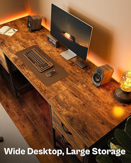 63 Inch Computer Desk with 4 Drawers, Office Desk with Mesh Shelf, Gaming Desk, Large Storage, Writing Desk Work Desk for Home Office, Study, Bedroom, Work from Home, Rustic Brown - LeafyLoom