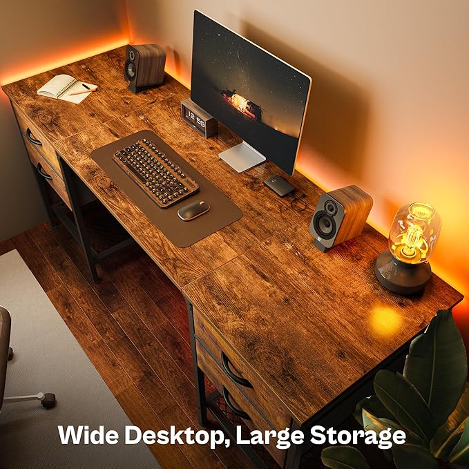 63 Inch Computer Desk with 4 Drawers, Office Desk with Mesh Shelf, Gaming Desk, Large Storage, Writing Desk Work Desk for Home Office, Study, Bedroom, Work from Home, Rustic Brown - LeafyLoom