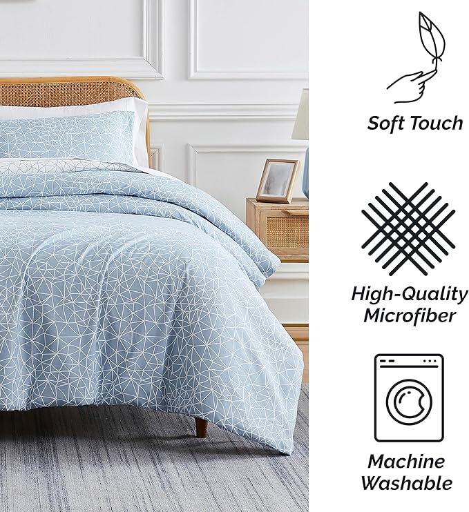 Southshore Fine Living, Inc. Full/Queen Comforter Set with 2 Pillow Shams, Reversible Geometric Print is 2 Colors in 1, Alternative Down Comforter Queen/Full, Cozy & Soft, Sky Blue & White - LeafyLoom