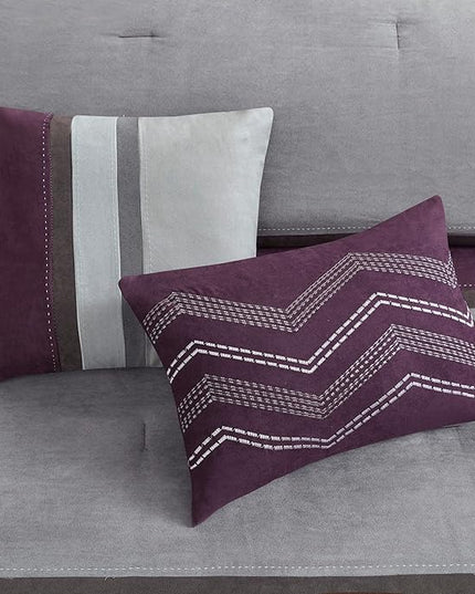 Madison Park Palisades Comforter Set Modern Faux Suede Pieced Stripe Design, All Season Down Alternative Cozy Bedding with Matching Shams, Decorative Pillows, King(104"x92"), Purple 7 Piece - LeafyLoom