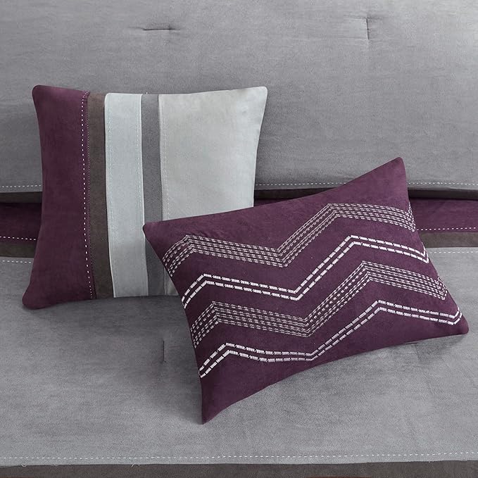 Madison Park Palisades Comforter Set Modern Faux Suede Pieced Stripe Design, All Season Down Alternative Cozy Bedding with Matching Shams, Decorative Pillows, King(104"x92"), Purple 7 Piece - LeafyLoom