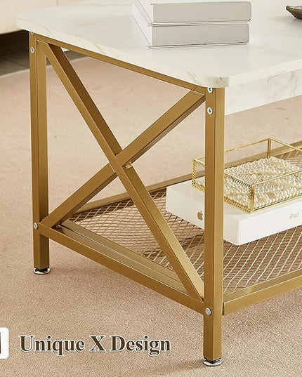 VECELO Coffee Table with Storage Shelf for Living Room,Industrial Style,Easy Assembly, White Gold - LeafyLoom