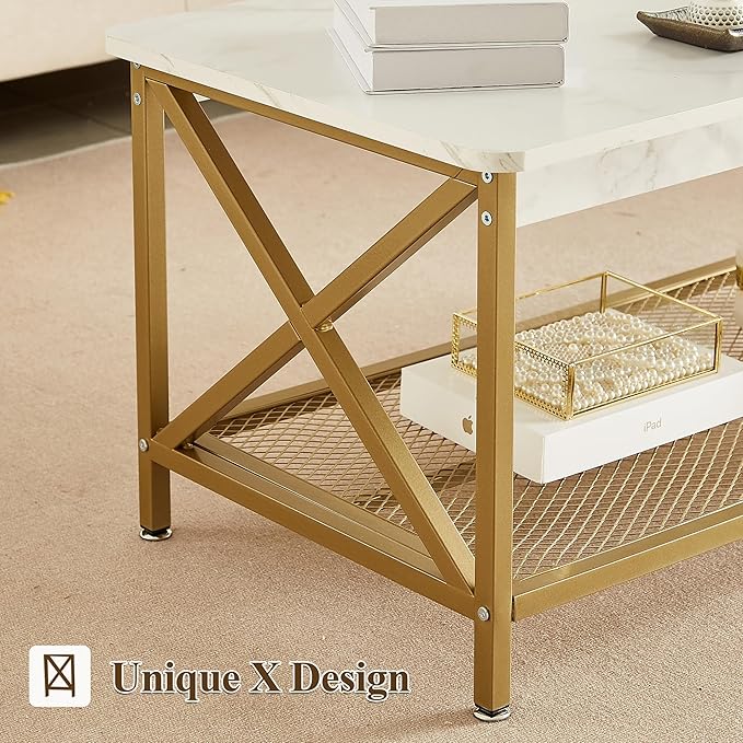 VECELO Coffee Table with Storage Shelf for Living Room,Industrial Style,Easy Assembly, White Gold - LeafyLoom