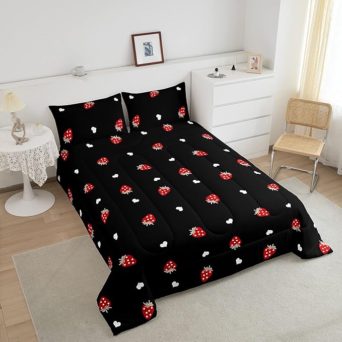Erosebridal Strawberry Comforter Set Queen Size Red and Black Kawaii Strawberry Bedding Set for Kids Girls Women Bedroom Decor Children Cute Sweet Tropical Fruit Comforter Soft Reversible Bedding - LeafyLoom