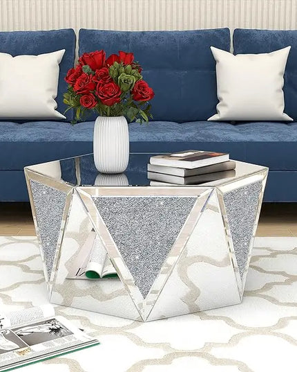 Drum Coffee Table Mirrored with Crystal Inlay, Hexagon Silver Accent Table, Modern Design Luxury Contemporary Furniture, 31.5‘’ Low Coffee Table for Living Room Fully Assembled - LeafyLoom