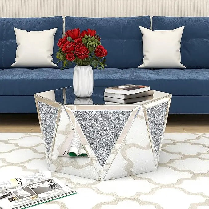 Drum Coffee Table Mirrored with Crystal Inlay, Hexagon Silver Accent Table, Modern Design Luxury Contemporary Furniture, 31.5‘’ Low Coffee Table for Living Room Fully Assembled - LeafyLoom
