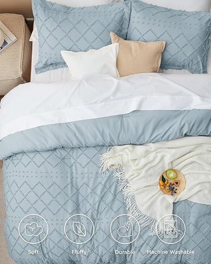 Bedsure Full Size Comforter Set - Dusty Blue Comforter, Boho Tufted Shabby Chic Bedding Comforter Set, 3 Pieces Farmhouse Bed Set for All Seasons, Fluffy Soft Bedding Set with 2 Pillow Shams - LeafyLoom