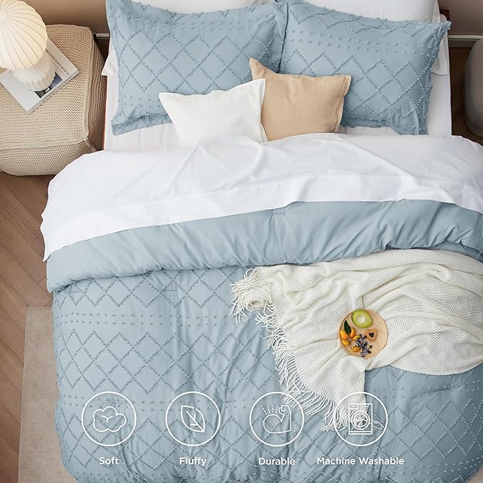 Bedsure Twin/Twin XL Comforter Set - Dusty Blue Boho Twin Extra Long Comforter Set for College, Shabby Chic Dorm Bedding Set, 2 Pieces Modern Farmhouse Bed Set, includes 1 Pillow Sham - LeafyLoom