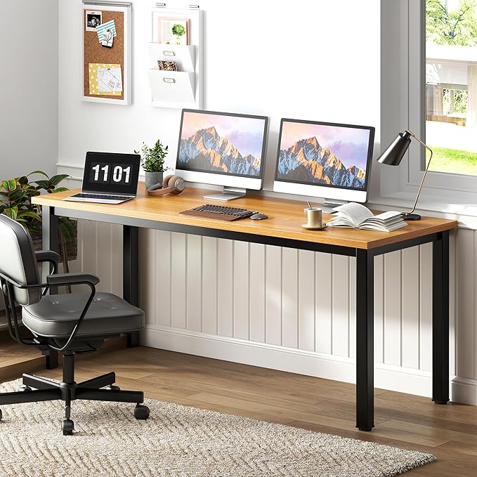 Need 63 Inch Large Computer Desk - Modern Simple Style Home Office Gaming Desk, Basic Writing Table for Study Student, Black Metal Frame, Teak - LeafyLoom