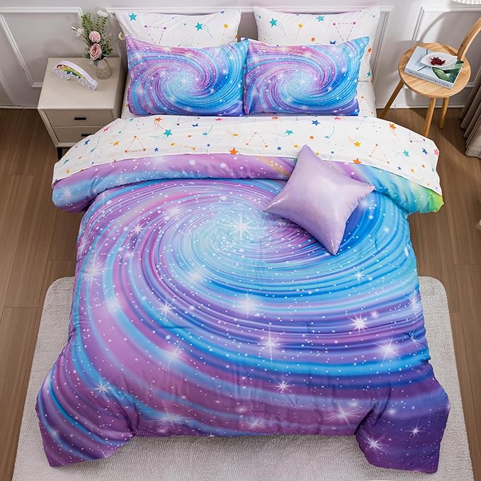 Btargot Super Soft 6 Pieces Gradient Star Ring Comforter Set, Colorful Glitter Rainbow Star Pattern Bedding Set for Boys Girls Teens, Queen Purple - LeafyLoom
