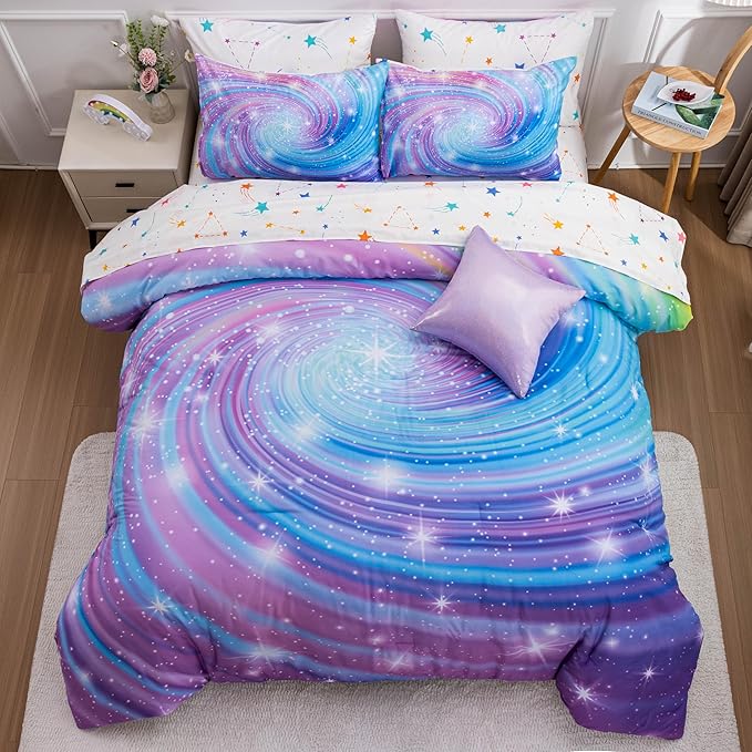 Btargot Super Soft 6 Pieces Gradient Star Ring Comforter Set, Colorful Glitter Rainbow Star Pattern Bedding Set for Boys Girls Teens, Full Purple - LeafyLoom