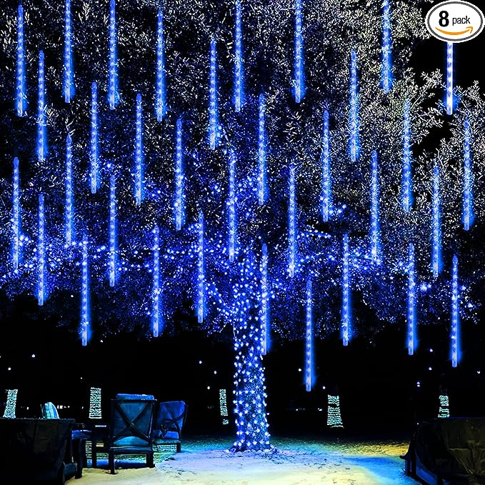 Dazzle Bright Christmas Lights Outdoor, 288LED Meteor Shower Rain Lights 12 Inch 8 Tubes, Waterproof Plug in Falling Icicle Lights Christmas Decorations for Xmas Tree Yard House Decor (Blue) DazzleBright
