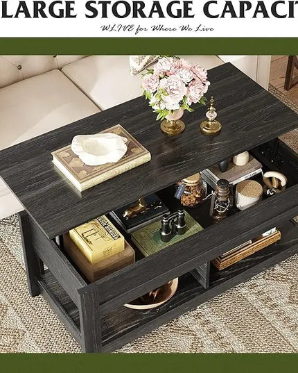 WLIVE Coffee Table, 47" Lift Top Coffee Table with Hidden Compartment and 2 Storage Shelves for Living Room, Espresso - LeafyLoom