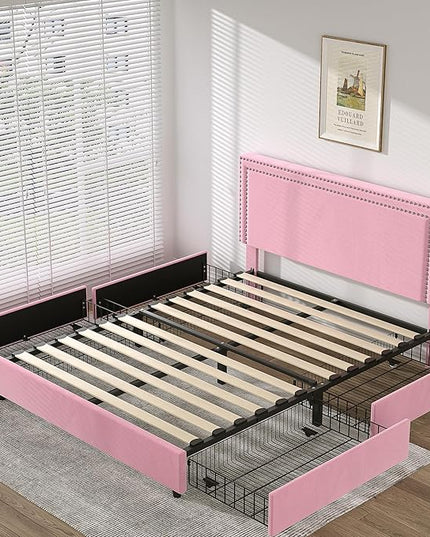 VECELO Queen Size Upholstered Platform Bed Frame with 4 Storage Drawers, Adjustable Velvet Rivets Headboard, Wooden Slats Support, No Box Spring Needed, Easy Assembly - LeafyLoom