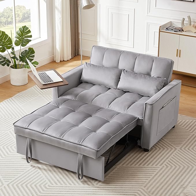 Comfy Cute Tufted Upholstered Loveseat Sofa with Pull Out Sleeper Couch Bed and 2 Pillows,Modern Convertible Love Seat Sofabed for Computer & Coffee Living Room Furniture Sets - LeafyLoom