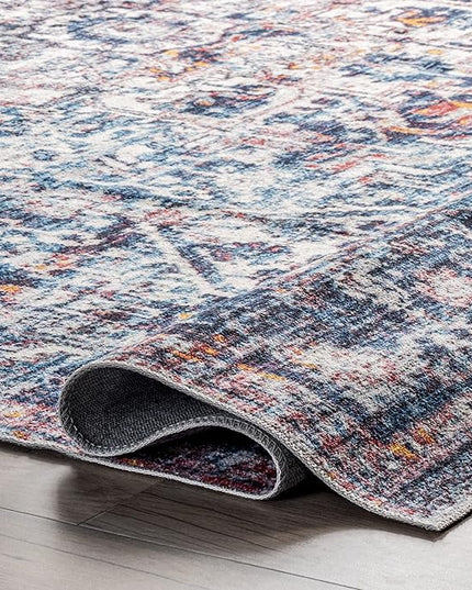 nuLOOM Kasi Vintage Persian Machine Washable Ultra Thin Area Rug, 5' x 8', Blue - LeafyLoom