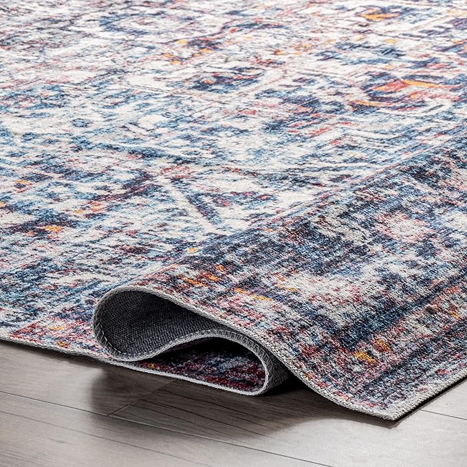 nuLOOM Kasi Vintage Persian Machine Washable Ultra Thin Area Rug, 5' x 8', Blue - LeafyLoom