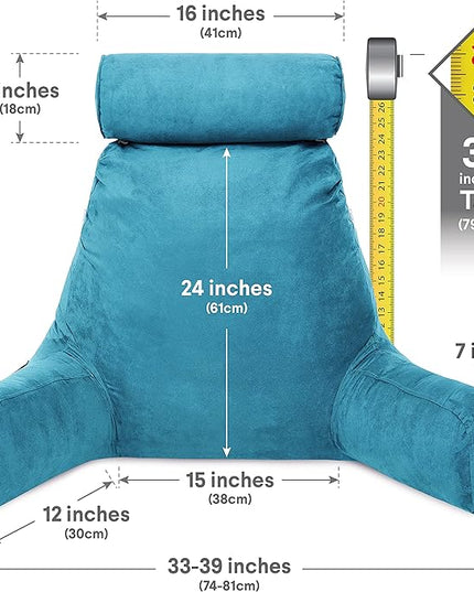 Husband Pillow XXL Aspen Edition - Adult Reading Sit Up Bed Rest Pillow for Bed with Arms & Neck Roll on Bungee Cord - Premium Memory Foam - Reversible 2 Sided Cover Micro Suede or Plush, Rodeo Blue - LeafyLoom