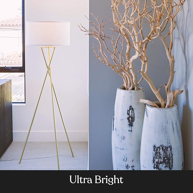 Brightech Jaxon LED Floor lamp, Modern Lamp for Living Rooms & Offices, Tall Lamp with Contemporary Drum Shade, Gold Tripod Standing Lamp for Bedroom Reading, Great Living Room Decor - Brass - LeafyLoom