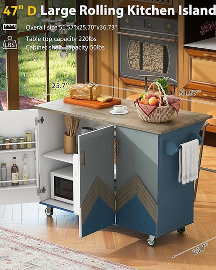 Retro Mountain Wood 47" D Rolling Island with Drop Leaf, Farmhouse Cart on Wheels with Internal Storage Towel Rack for Kitchen, Dining Room, Navy Blue, 51.57 Inch - LeafyLoom