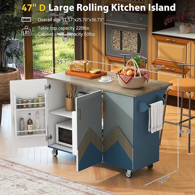 Retro Mountain Wood 47" D Rolling Island with Drop Leaf, Farmhouse Cart on Wheels with Internal Storage Towel Rack for Kitchen, Dining Room, Navy Blue, 51.57 Inch - LeafyLoom