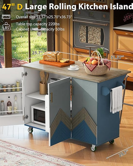 47" Wood Kitchen Island with Drop Leaf and Internal Storage Rack,Mobile & Stationary Cart w/Wheel,Towel-Rack,Adjustable Shelf,for Livingroom, Kitchen,Dining Room,Navy Blue - LeafyLoom