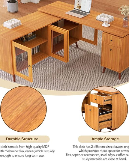 NicBex Laik-DW-00033-DX Desks, 66.53" W x 63.77" D x 30.31" H, Teak - LeafyLoom