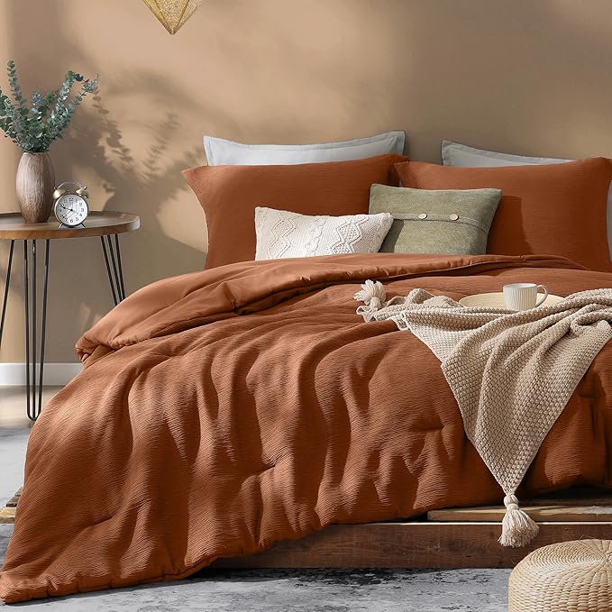 Burnt Orange King Size Comforter Set, Premium Summer King Bedding Set 3 Piece, Crinkle Design King Bed Set with Minimalist Comforter & Shams (King, 102"x90") - LeafyLoom
