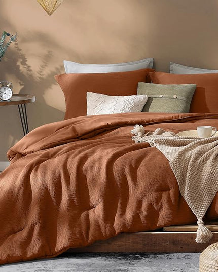 Burnt Orange Queen Comforter Set, Minimalist Lightweight Comforter for Crinkle Design Queen Bed Set, Bedding Queen Size, 3 Piece with Modern Comforter & Shams (Queen, 90"x90") - LeafyLoom